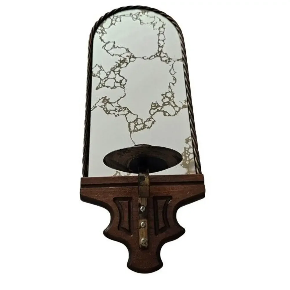 Vintage MCM Iron & Wood Wall Sconce Candlestick Holder, Gold Vein Mirror